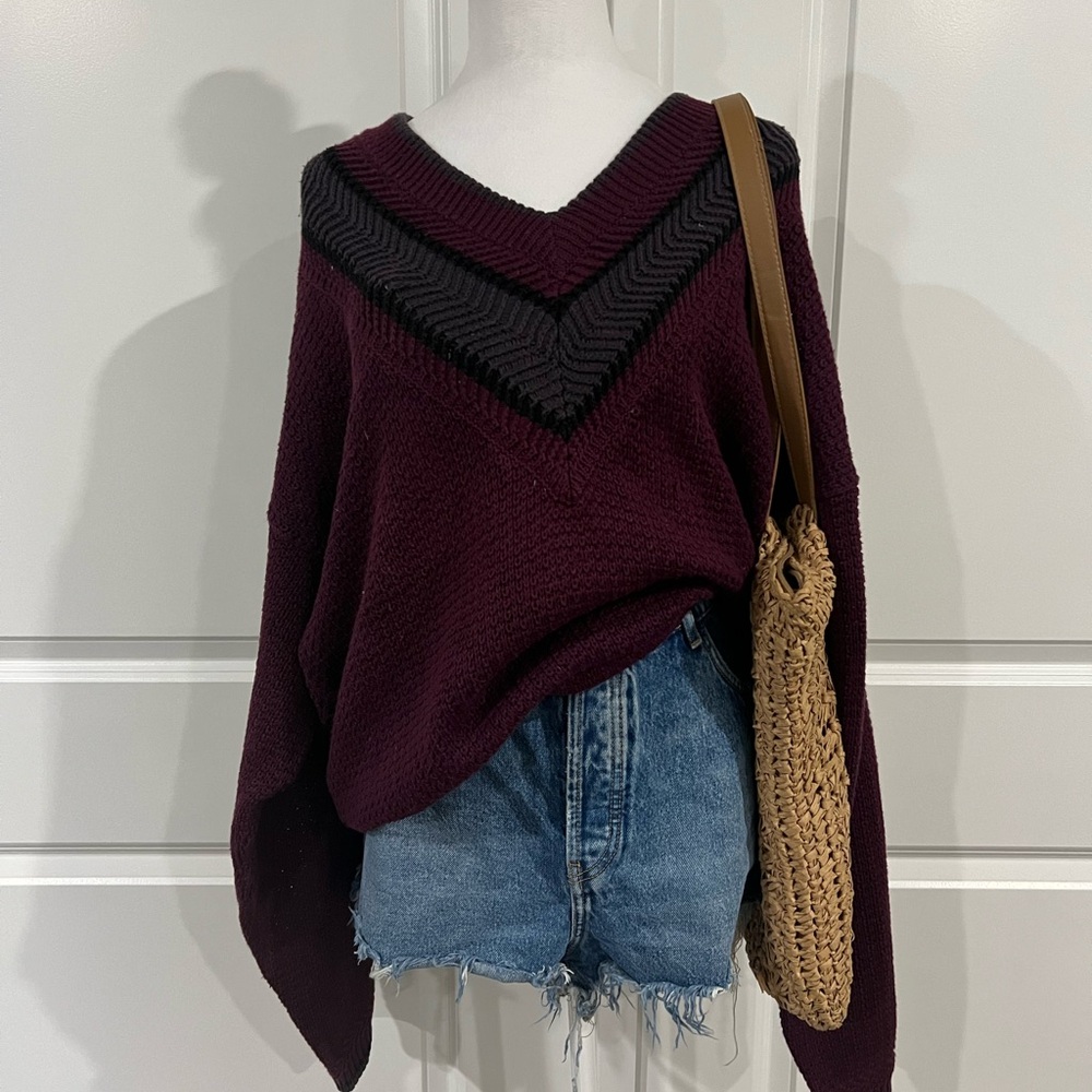 Women's V-Neck Burgundy and Black Grandpa Sweater